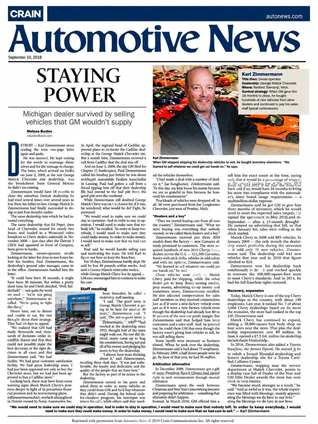 Automotive News feature titled 'Staying Power,' September 10, 2018, on Karl Zimmermann and Matick Chevrolet